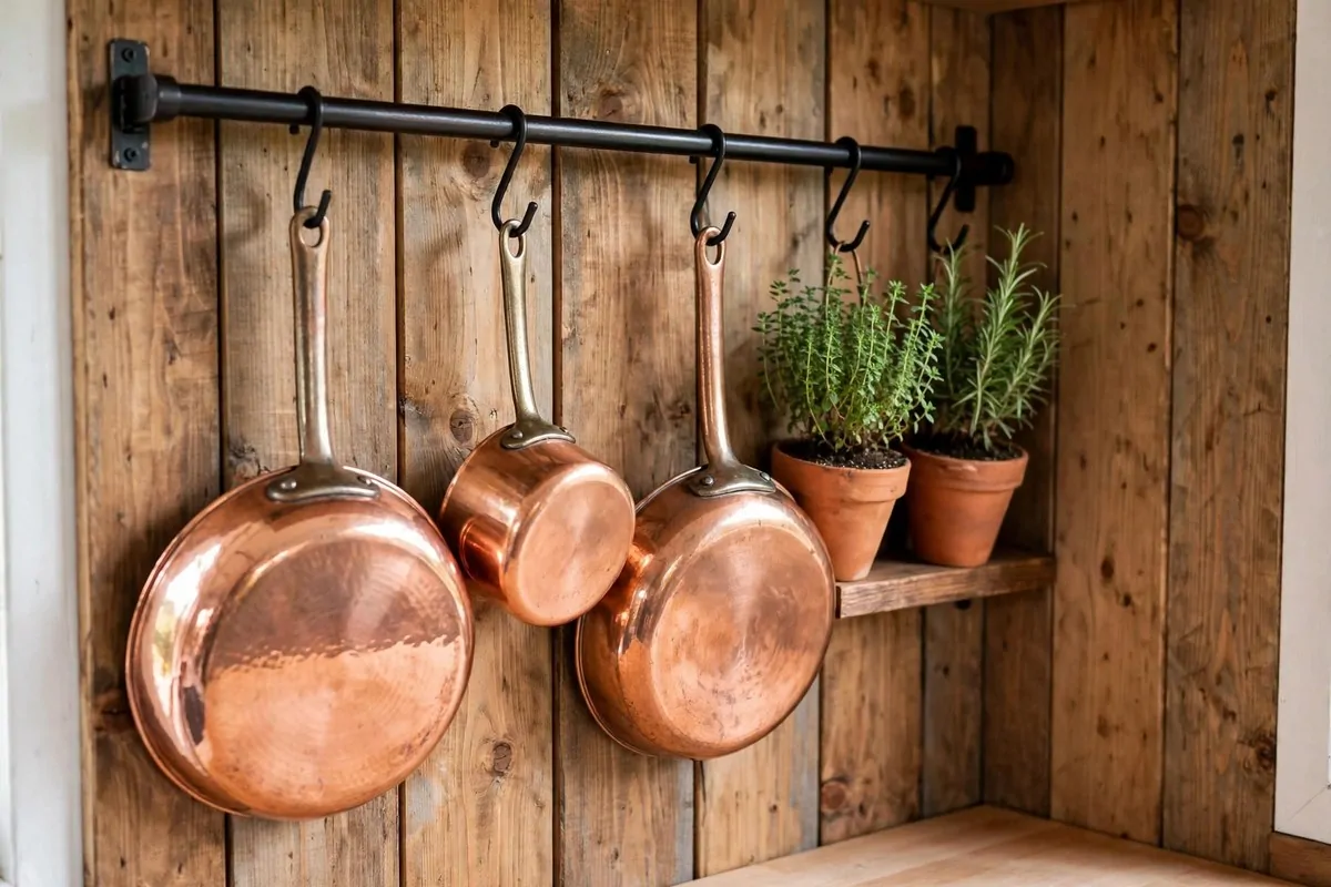 19 DIY Tiny Home Ideas You Can Start This Year 7 Copper pots and pans hanging from a wall rail in a tiny kitchen