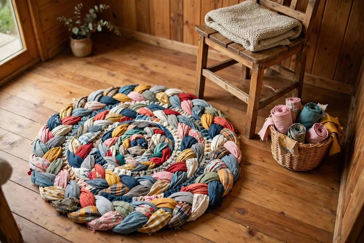 19 DIY Tiny Home Ideas You Can Start This Year 8 Handmade braided rag rug from colorful recycled clothing on a wooden floor