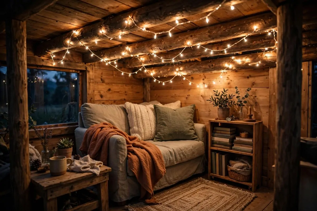 19 DIY Tiny Home Ideas You Can Start This Year 10 Warm string lights draped along wooden ceiling beams in a tiny home