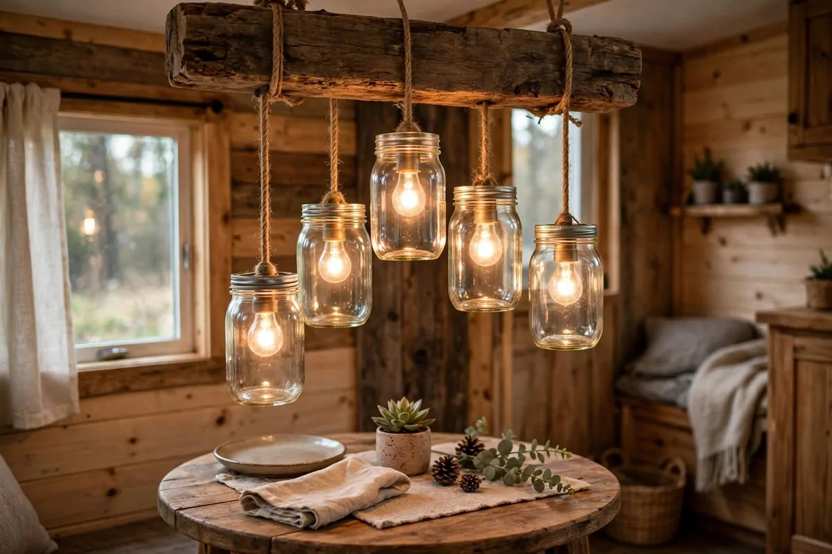 19 DIY Tiny Home Ideas You Can Start This Year 11 Mason jar pendant chandelier with warm bulbs over a small dining table