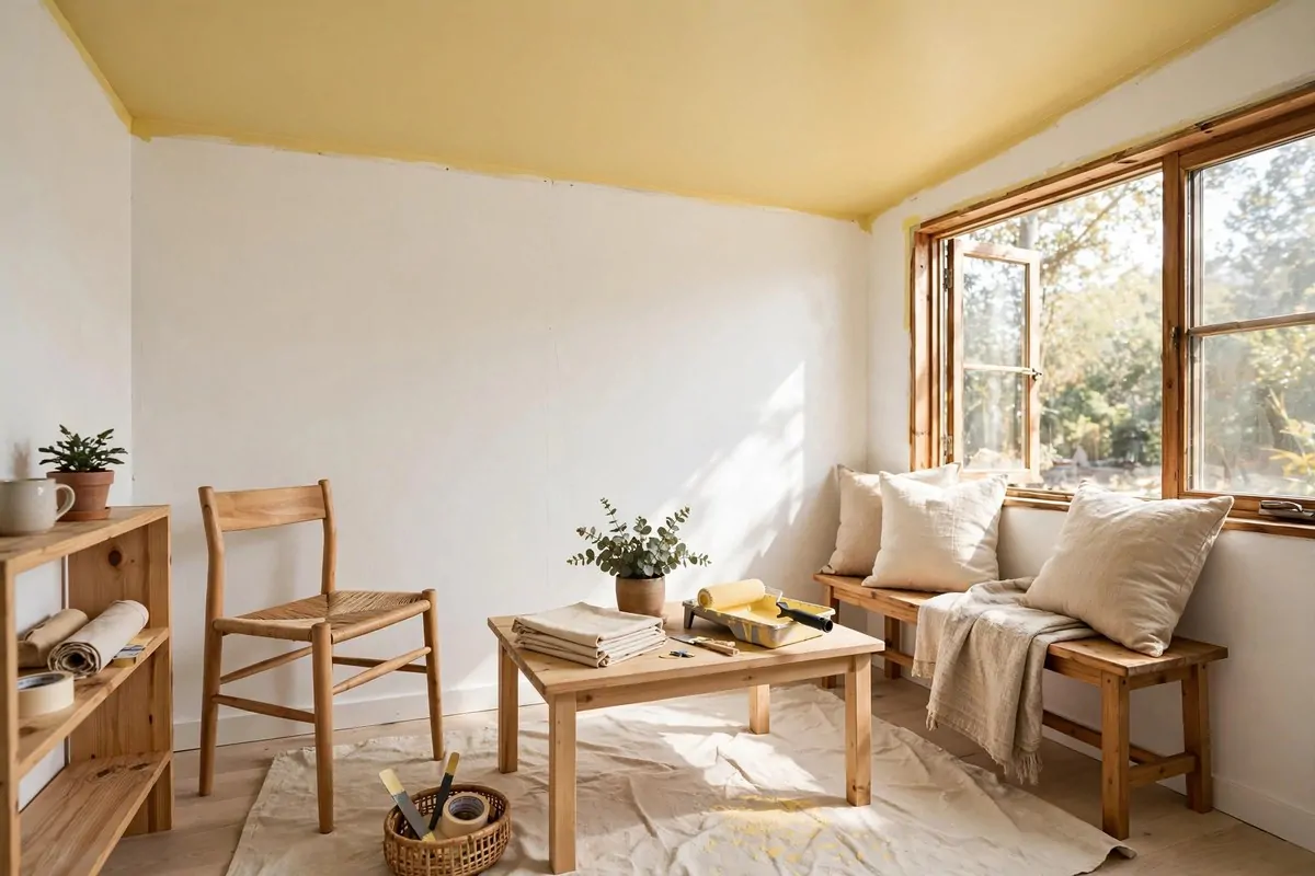 19 DIY Tiny Home Ideas You Can Start This Year 12 Tiny living room with a freshly painted soft yellow ceiling