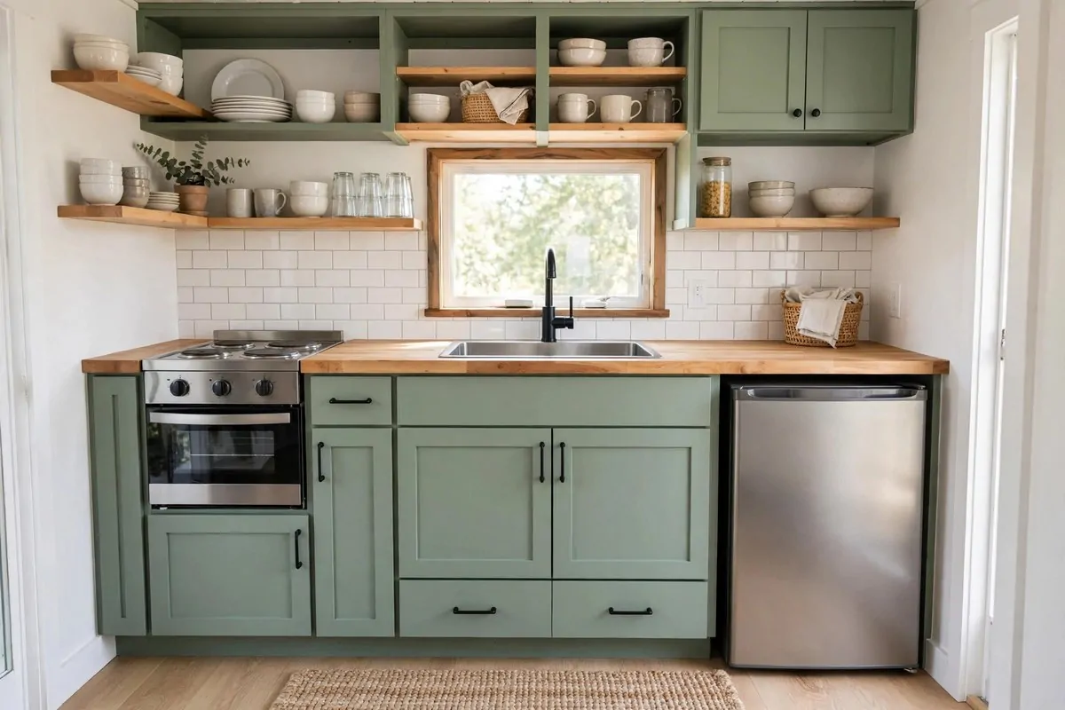19 DIY Tiny Home Ideas You Can Start This Year 13 Compact kitchen with freshly painted sage green cabinets