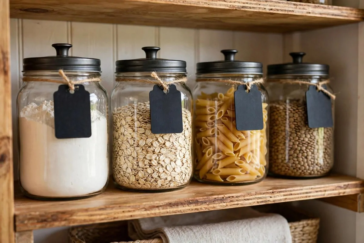 19 DIY Tiny Home Ideas You Can Start This Year 14 Glass pantry canisters with chalkboard-style labels on an open shelf