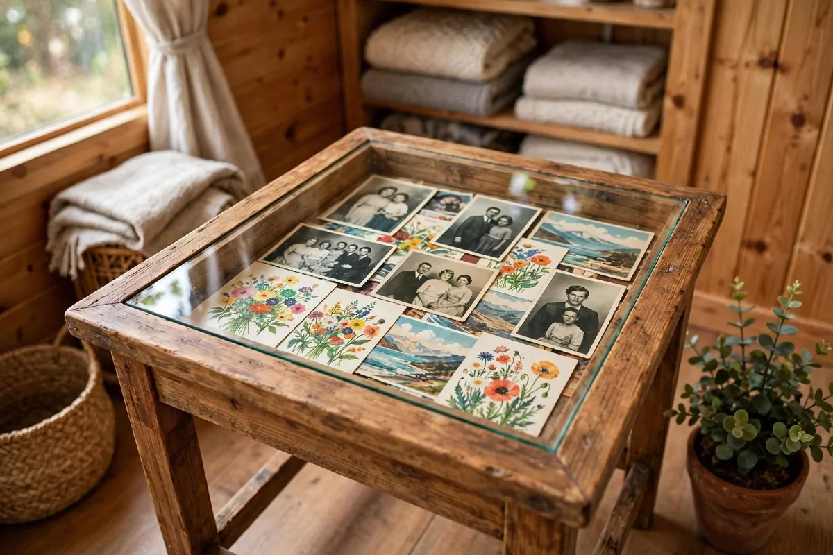 19 DIY Tiny Home Ideas You Can Start This Year 15 Small wooden side table with a glass top over vintage photographs