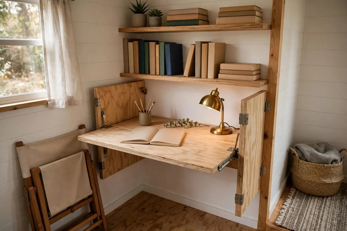19 DIY Tiny Home Ideas You Can Start This Year 16 Wooden fold-down wall desk opened with a lamp and notebook