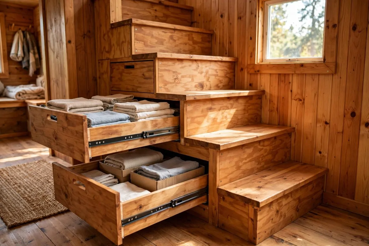 19 DIY Tiny Home Ideas You Can Start This Year 17 Wooden staircase with pull-out drawers built into the steps
