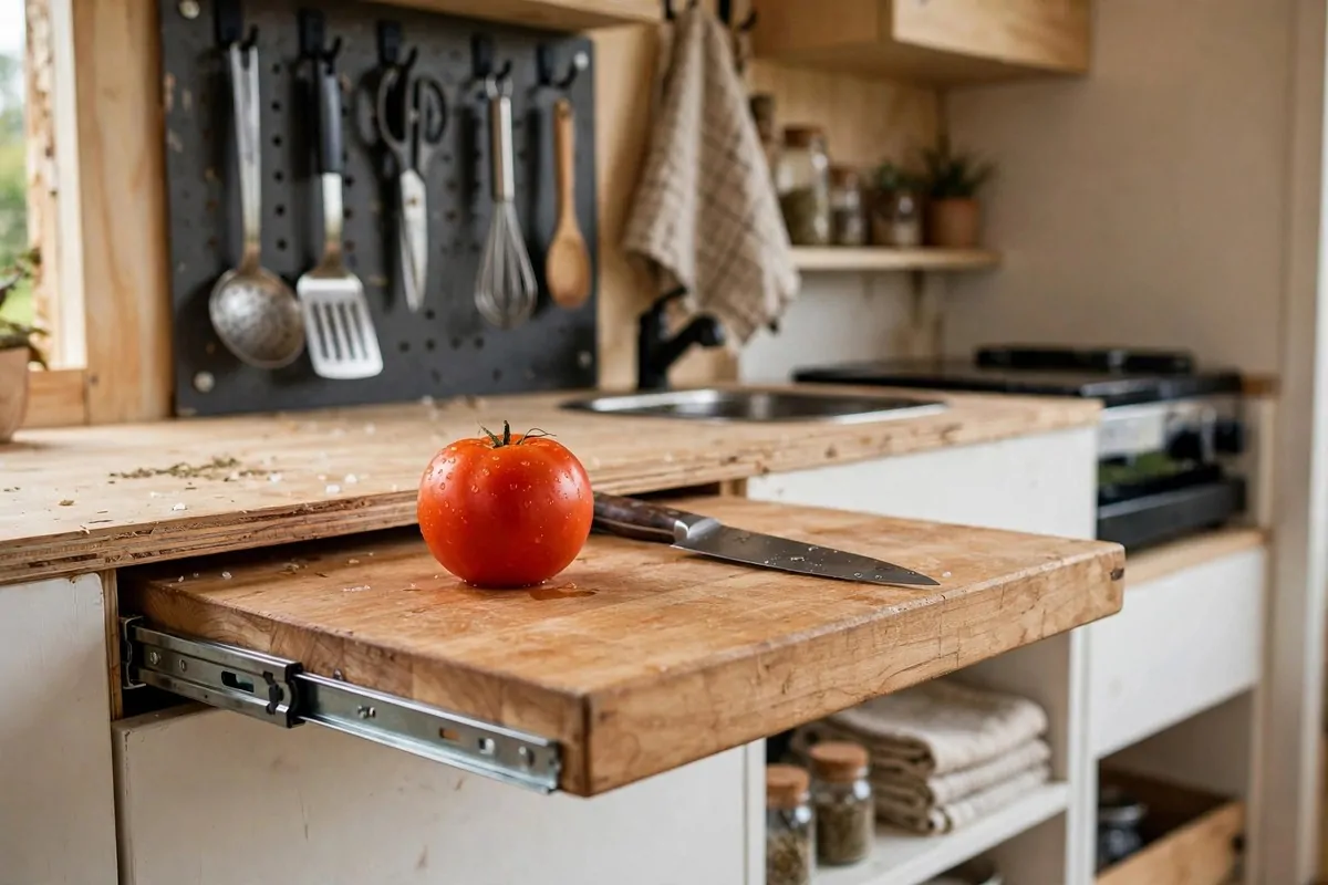 19 DIY Tiny Home Ideas You Can Start This Year 18 Wooden slide-out cutting board pulled out from a kitchen counter