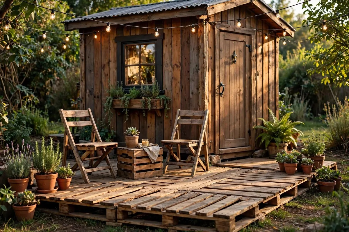 19 DIY Tiny Home Ideas You Can Start This Year 19 Hand-built pallet deck patio with chairs and string lights outside a tiny cabin