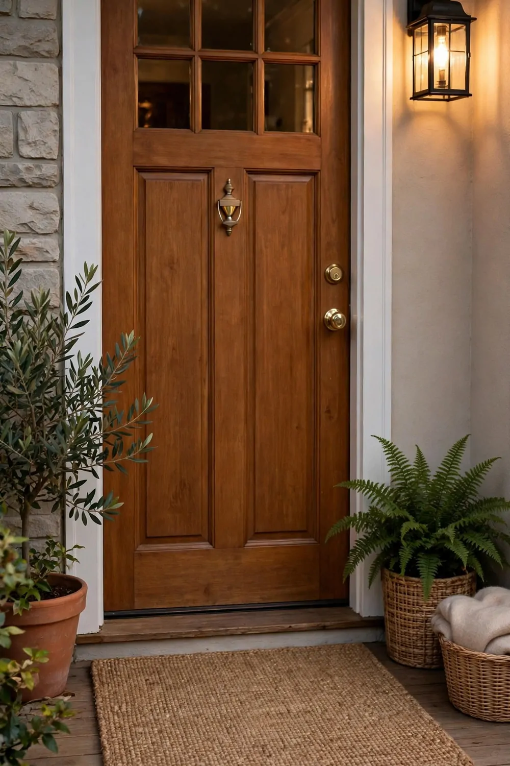 19 Front Porch Ideas That Welcome Guests Before They Knock 1 A plain woven doormat in front of a wooden front door, warm light, tidy porch