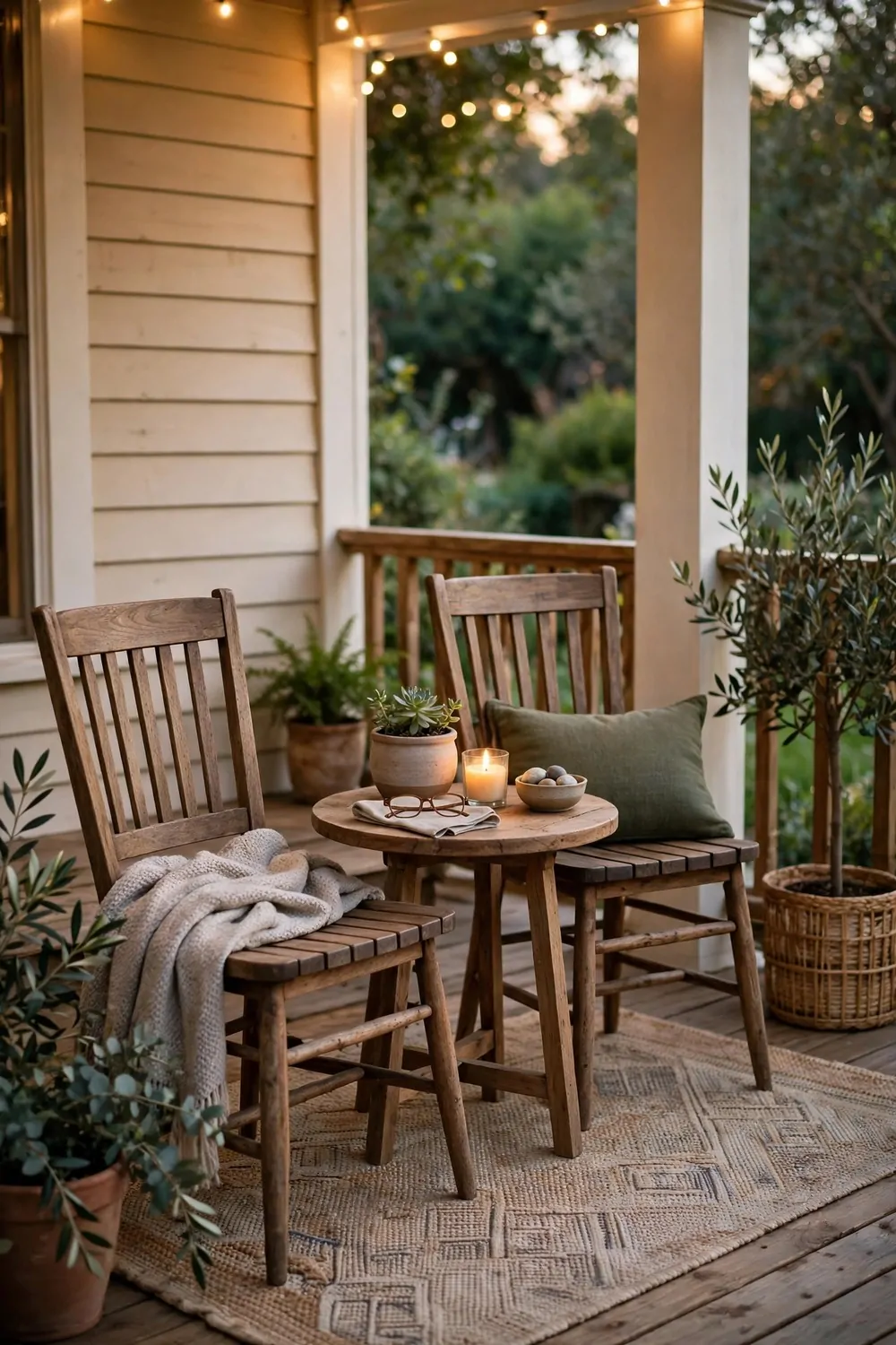 19 Front Porch Ideas That Welcome Guests Before They Knock 2 Two wooden chairs and a small round table on a front porch, warm light, cozy and calm