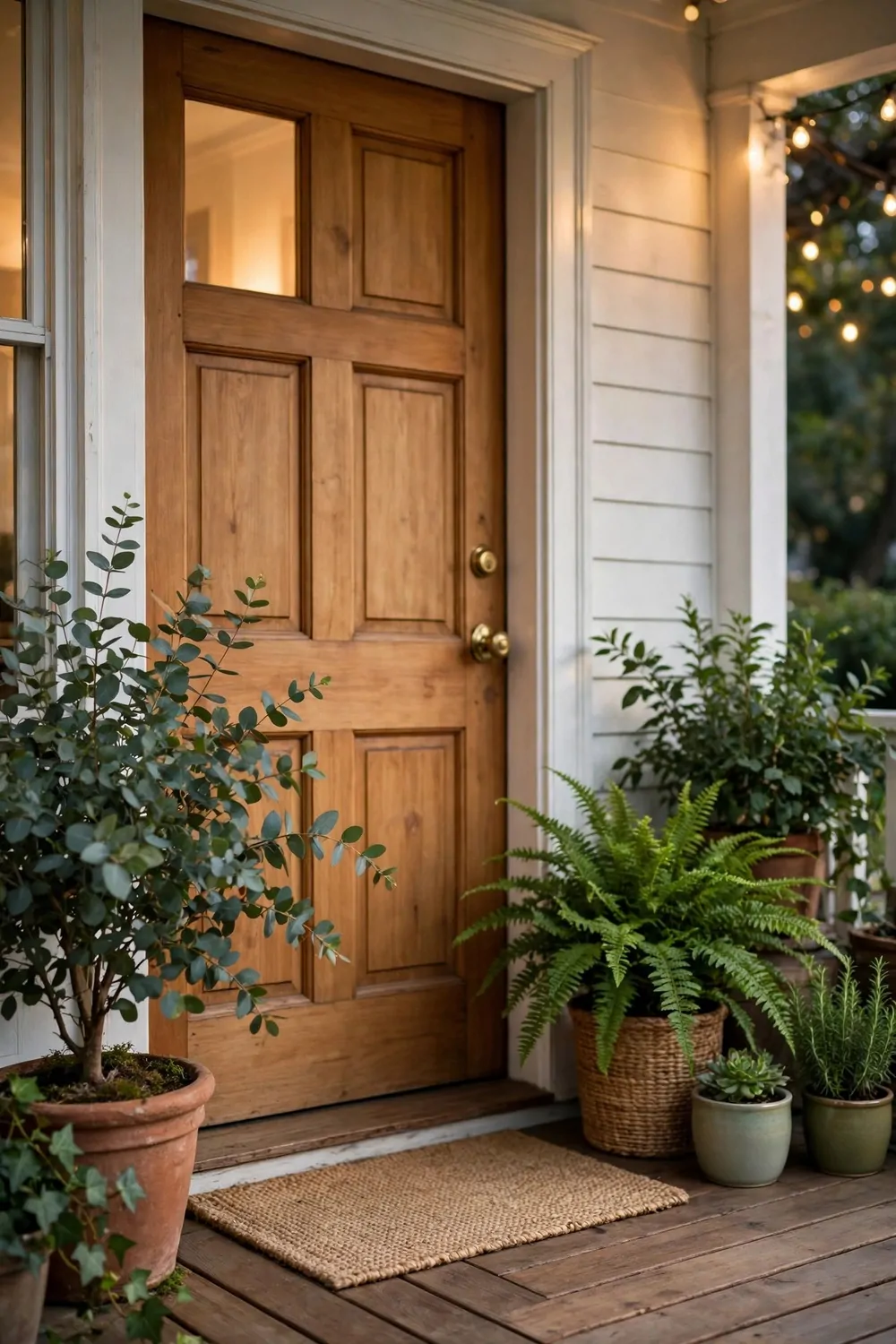 19 Front Porch Ideas That Welcome Guests Before They Knock 3 Potted green plants by a wooden front door on a porch, warm light, fresh and welcoming