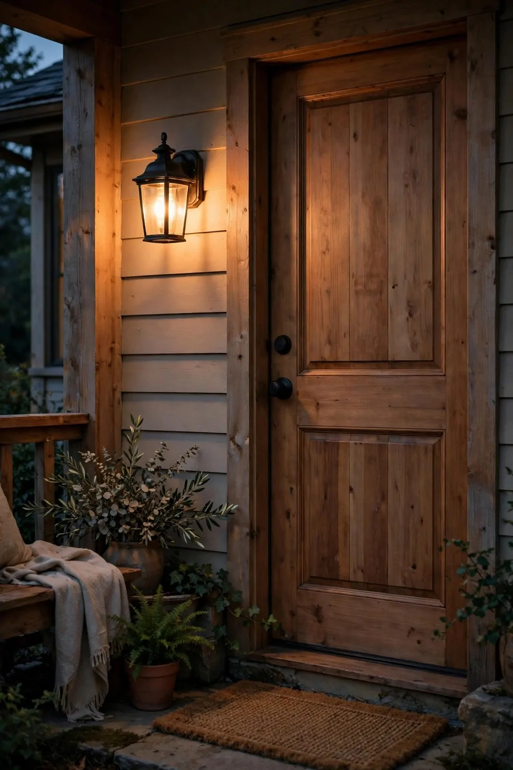 19 Front Porch Ideas That Welcome Guests Before They Knock 4 A warm glowing porch light beside a wooden front door at dusk, soft light, cozy