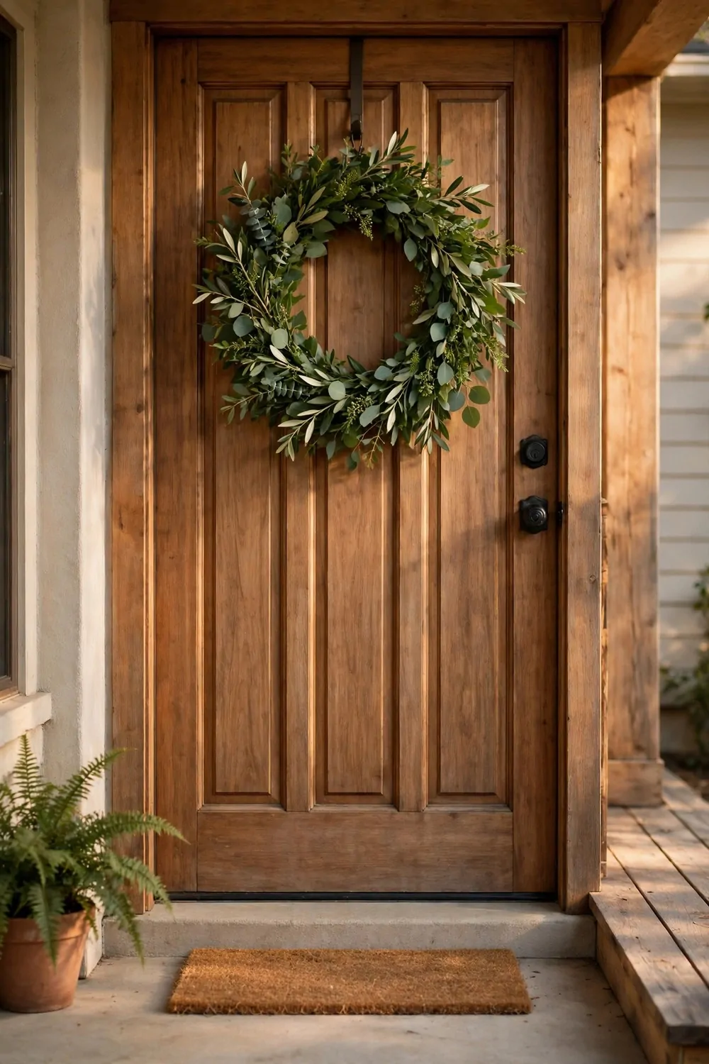 19 Front Porch Ideas That Welcome Guests Before They Knock 5 A simple green leafy wreath hanging on a wooden front door, warm light, plain and fresh
