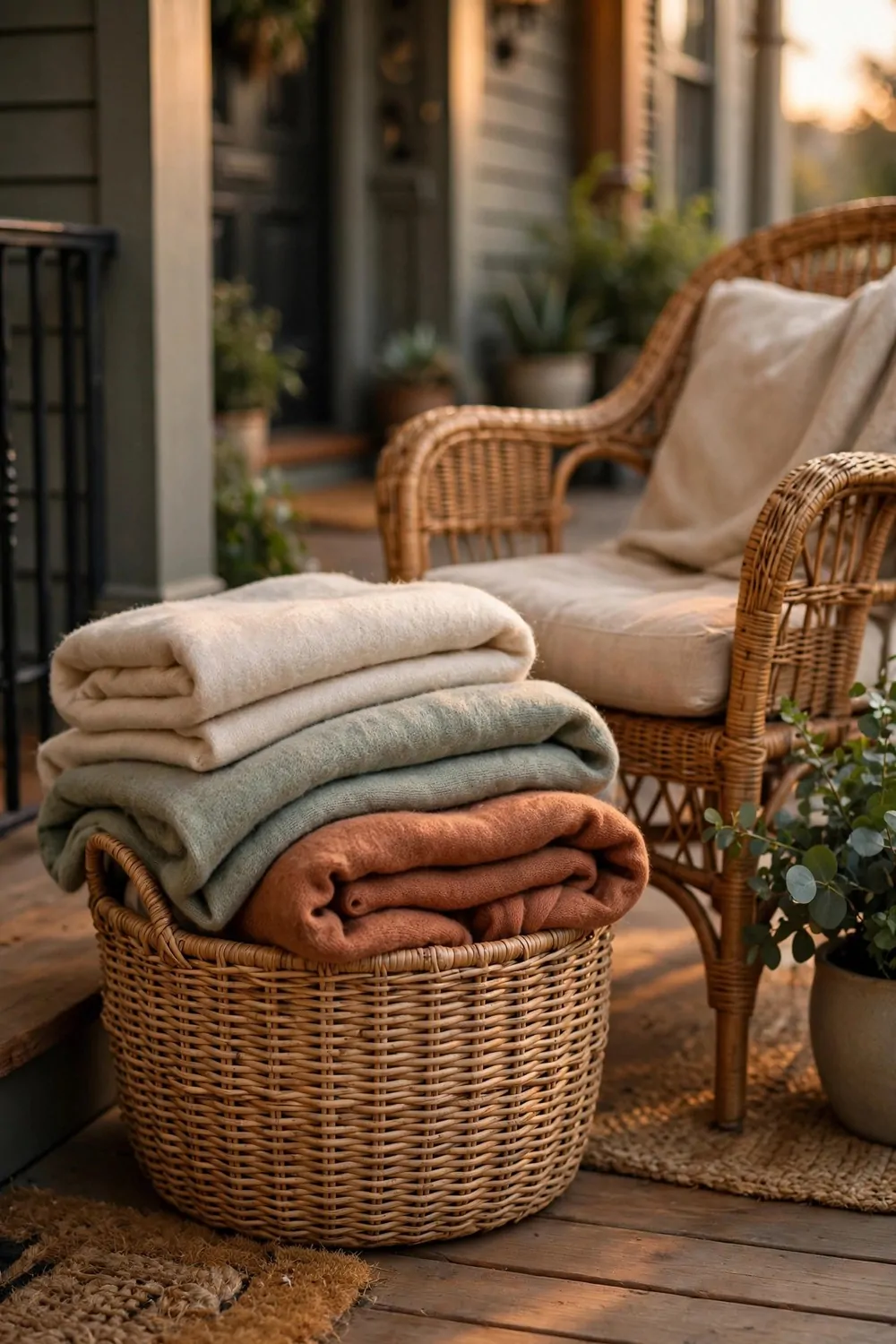 19 Front Porch Ideas That Welcome Guests Before They Knock 6 A woven basket of folded soft blankets on a front porch by a chair, warm light, cozy