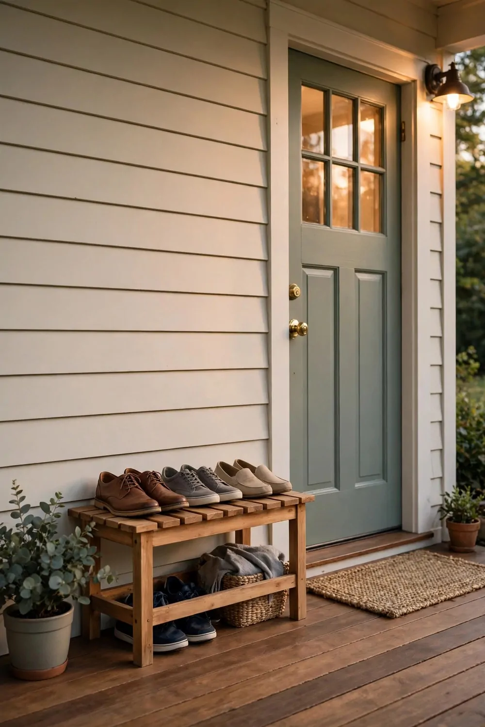 19 Front Porch Ideas That Welcome Guests Before They Knock 7 A small wooden bench for shoes on a front porch by the door, warm light, tidy and calm
