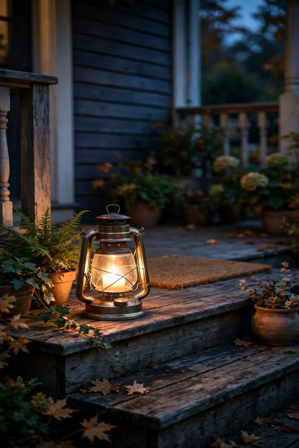 19 Front Porch Ideas That Welcome Guests Before They Knock 8 A glowing lantern on a front porch step at dusk, warm light, cozy and welcoming