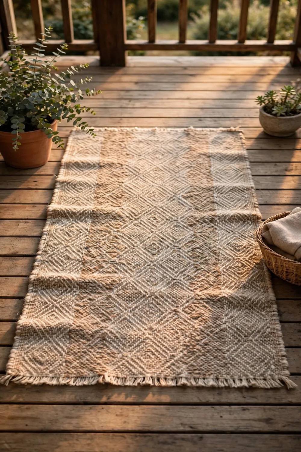 19 Front Porch Ideas That Welcome Guests Before They Knock 9 A soft woven rug on a wooden front porch floor, warm light, tidy and calm
