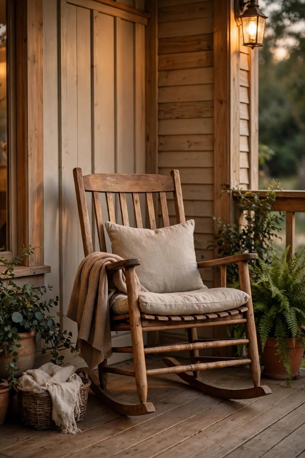 19 Front Porch Ideas That Welcome Guests Before They Knock 10 A wooden rocking chair on a front porch corner with a soft cushion, warm light, cozy