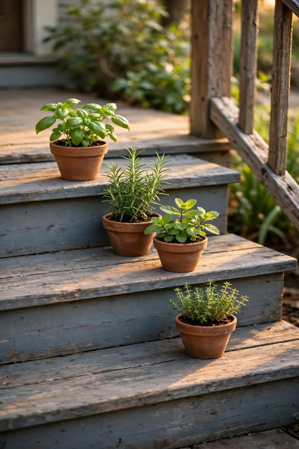 19 Front Porch Ideas That Welcome Guests Before They Knock 11 Small clay pots of fresh green herbs on front porch steps, warm light, fresh and calm