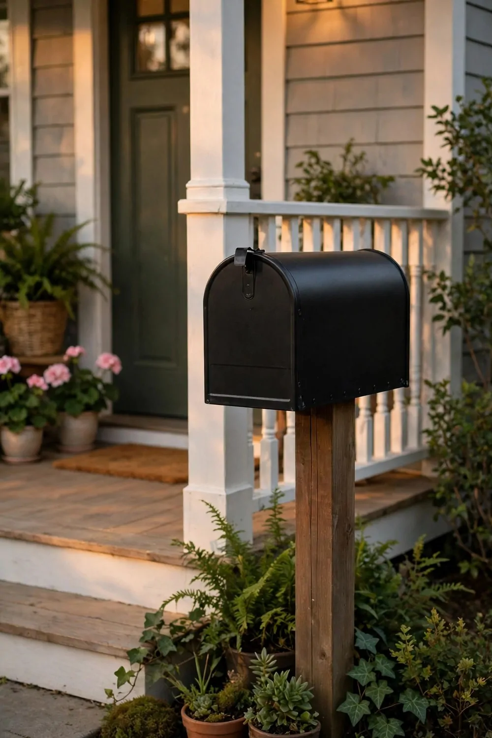 19 Front Porch Ideas That Welcome Guests Before They Knock 12 A tidy black mailbox on a post by a front porch, warm light, neat and cared for