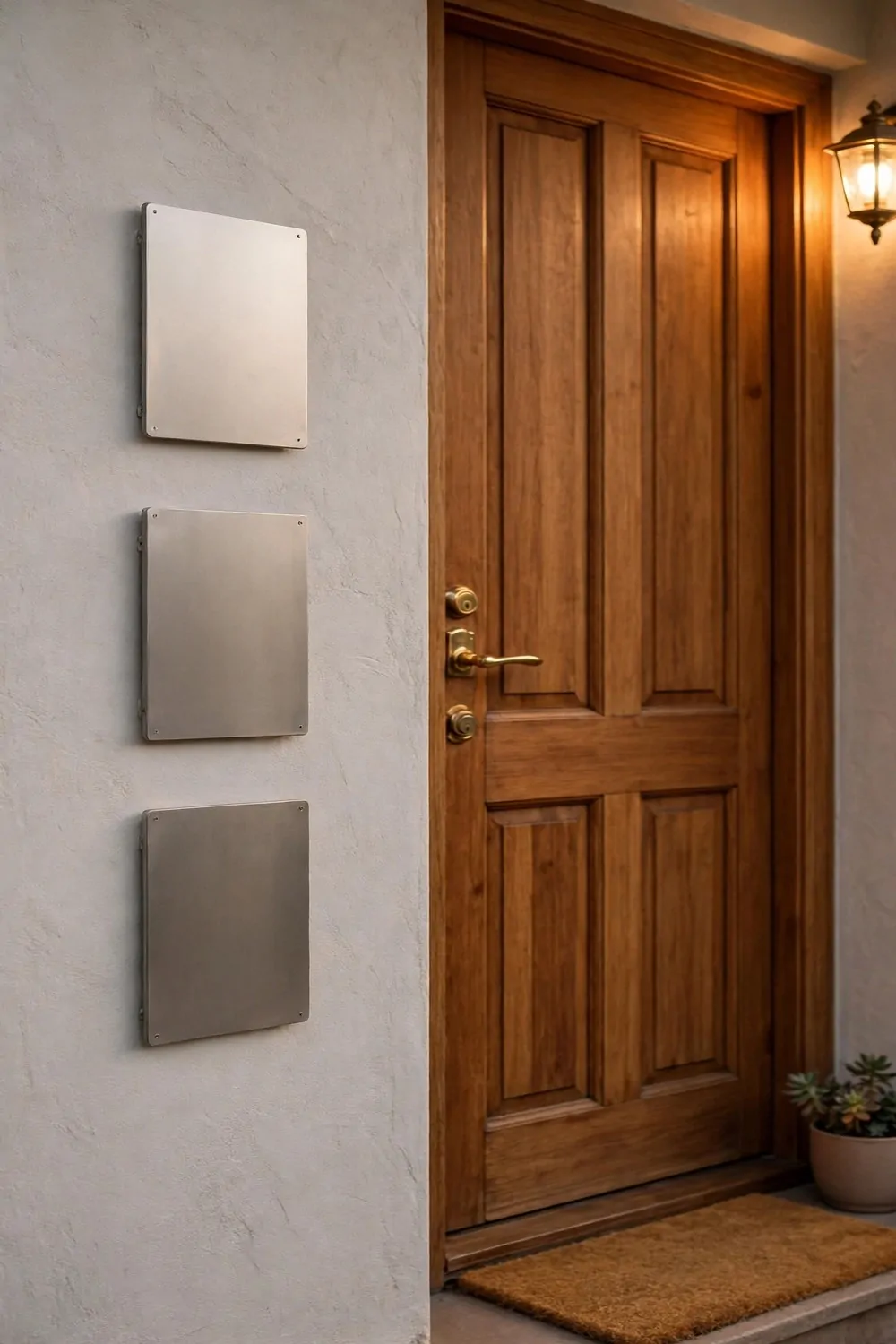 19 Front Porch Ideas That Welcome Guests Before They Knock 13 Plain metal house numbers on a wall beside a wooden front door, warm light, clear and tidy