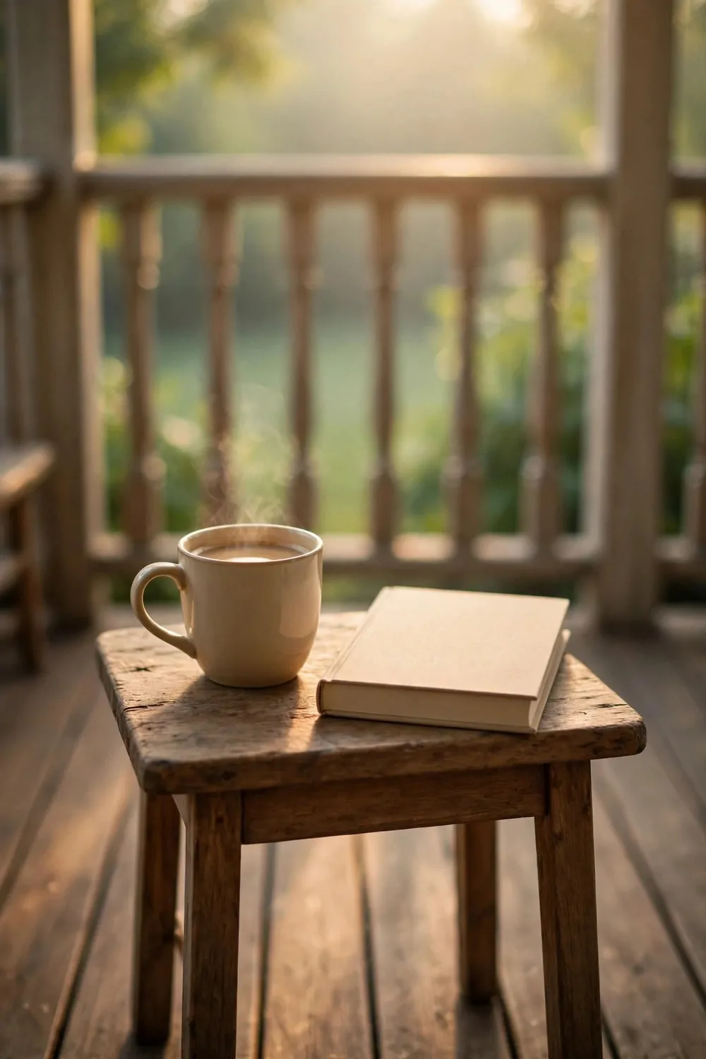 19 Front Porch Ideas That Welcome Guests Before They Knock 14 A small table with a cup of coffee and a book on a front porch in the morning light, warm and calm