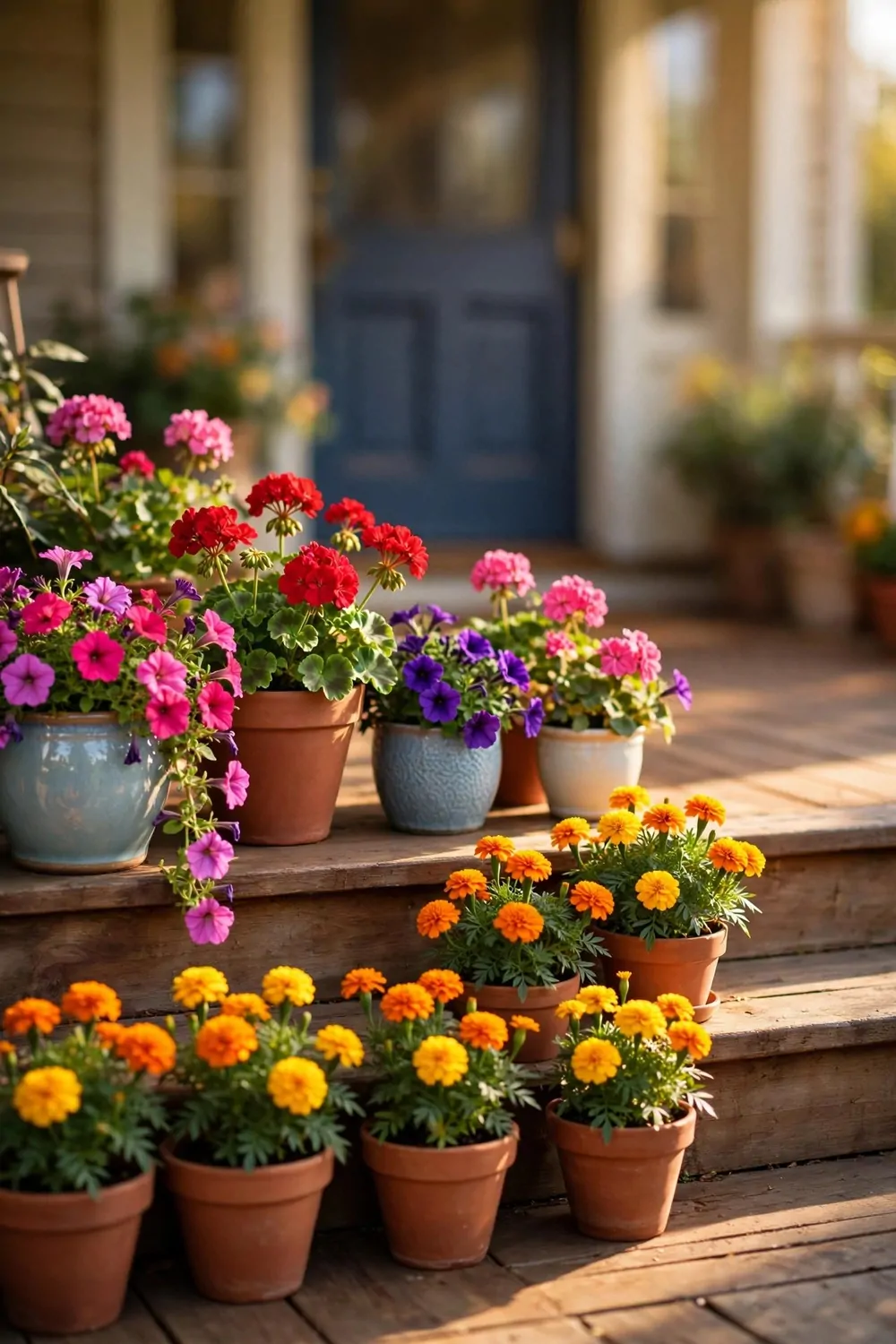 19 Front Porch Ideas That Welcome Guests Before They Knock 15 Colorful potted flowers on a front porch, warm light, bright and welcoming