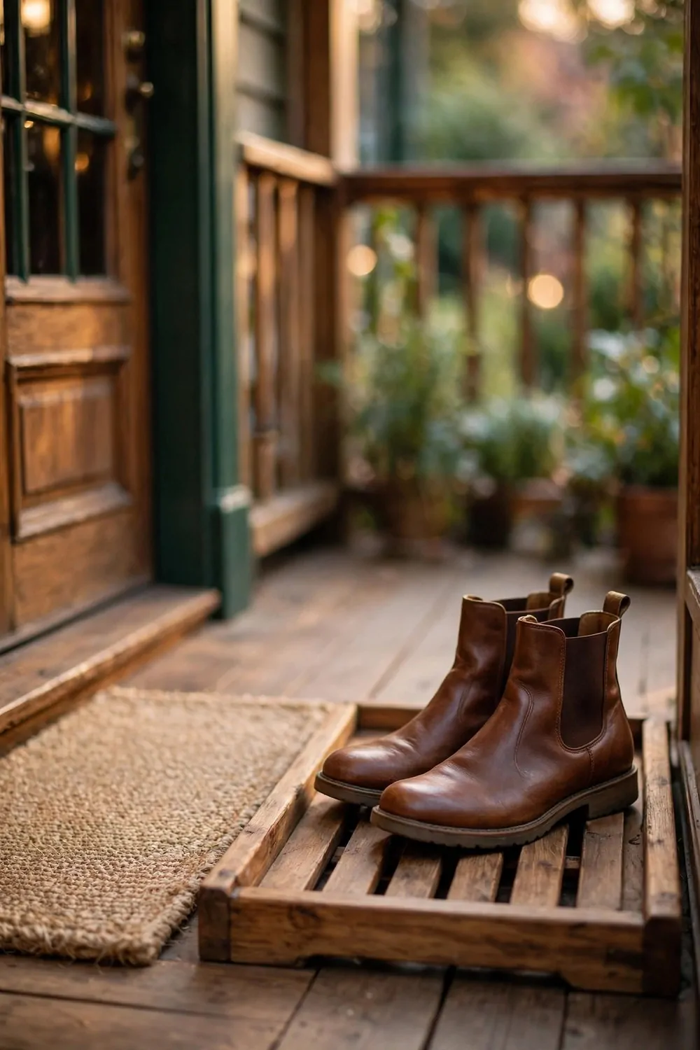 19 Front Porch Ideas That Welcome Guests Before They Knock 16 A wooden boot tray with a pair of plain boots by a front door on a porch, warm light, tidy