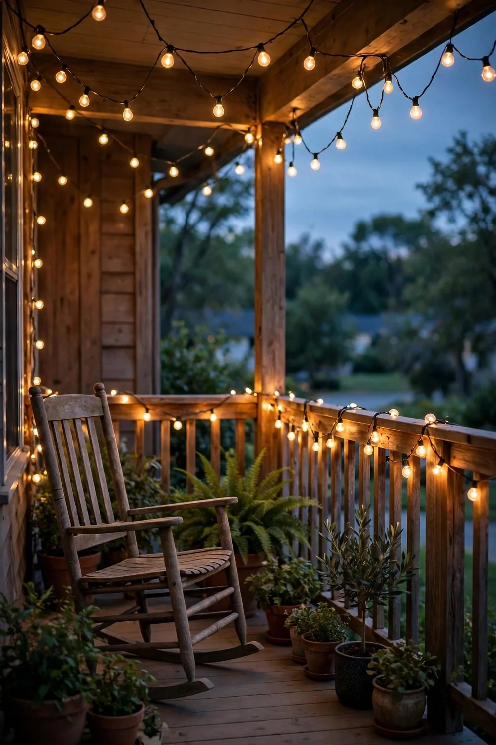 19 Front Porch Ideas That Welcome Guests Before They Knock 17 Warm string lights glowing over a front porch at dusk, soft light, cozy evening