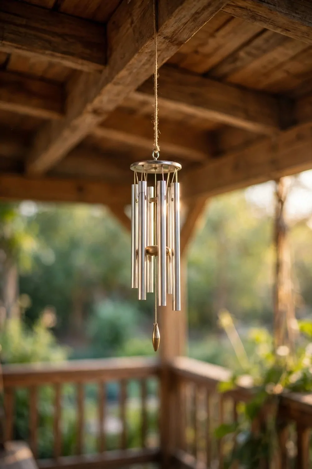 19 Front Porch Ideas That Welcome Guests Before They Knock 18 A small metal wind chime hanging from a front porch ceiling, warm light, calm and gentle