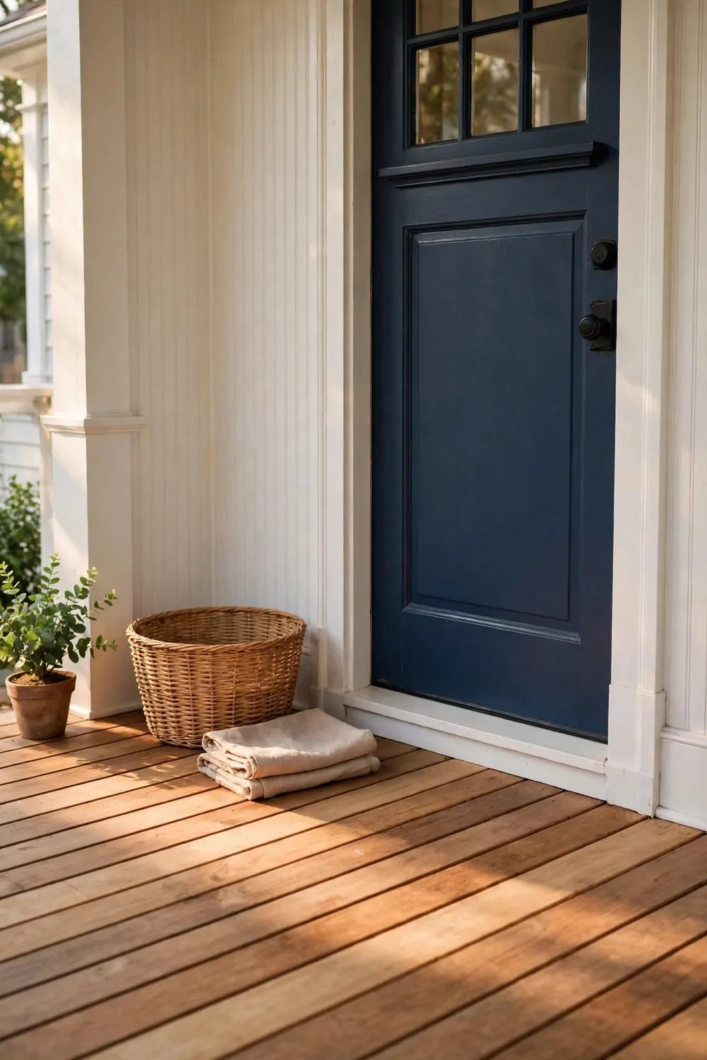 19 Front Porch Ideas That Welcome Guests Before They Knock 19 A clean tidy front porch after a quick reset, empty basket and a cloth, warm light, calm