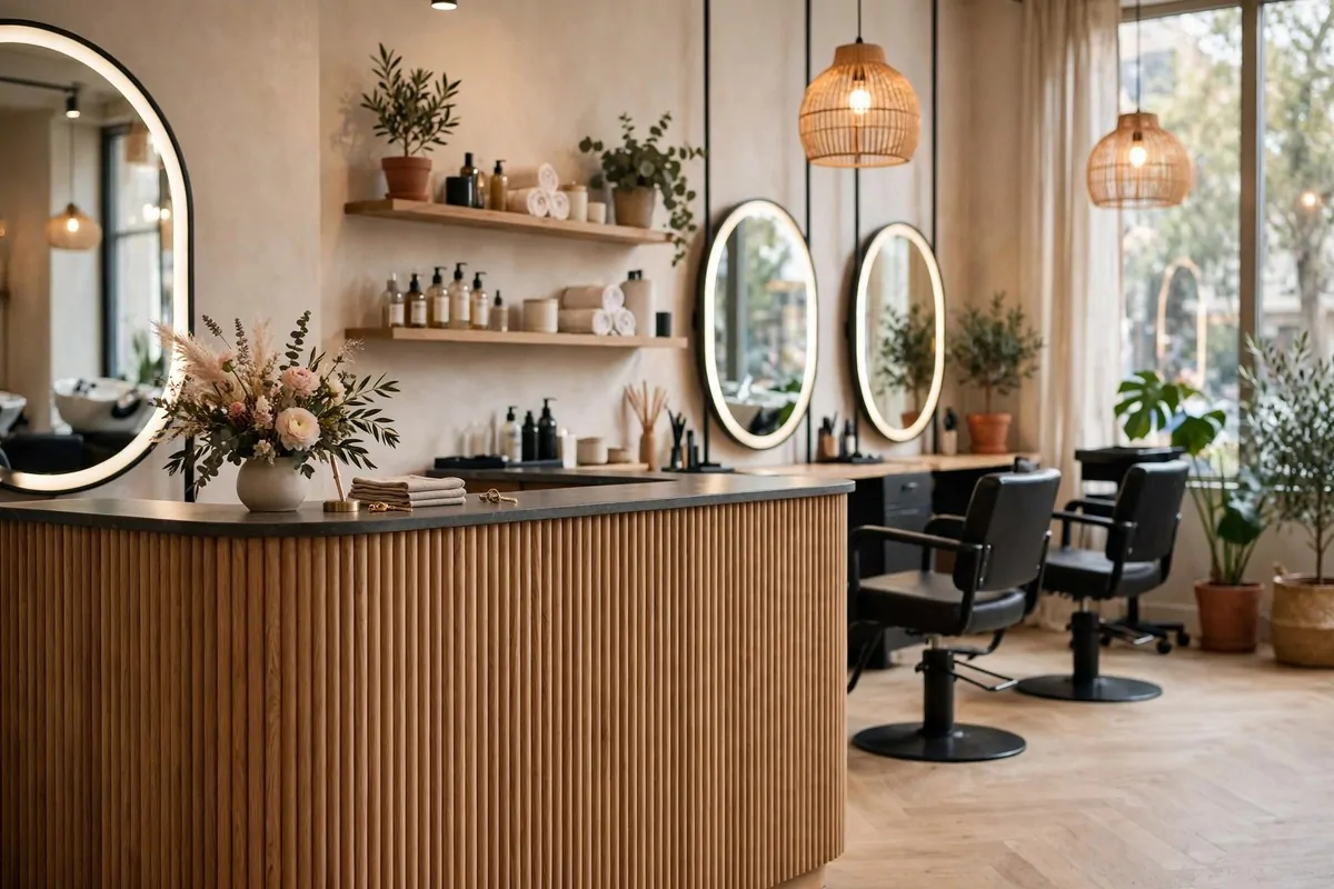 19 Hair Studio Ideas That Feel Chic and Welcoming 1 Elegant fluted wood reception desk in a chic hair studio with a small flower arrangement
