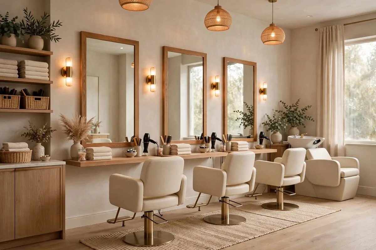 19 Hair Studio Ideas That Feel Chic and Welcoming 2 Hair studio interior in soft neutral tones with beige walls and cream chairs
