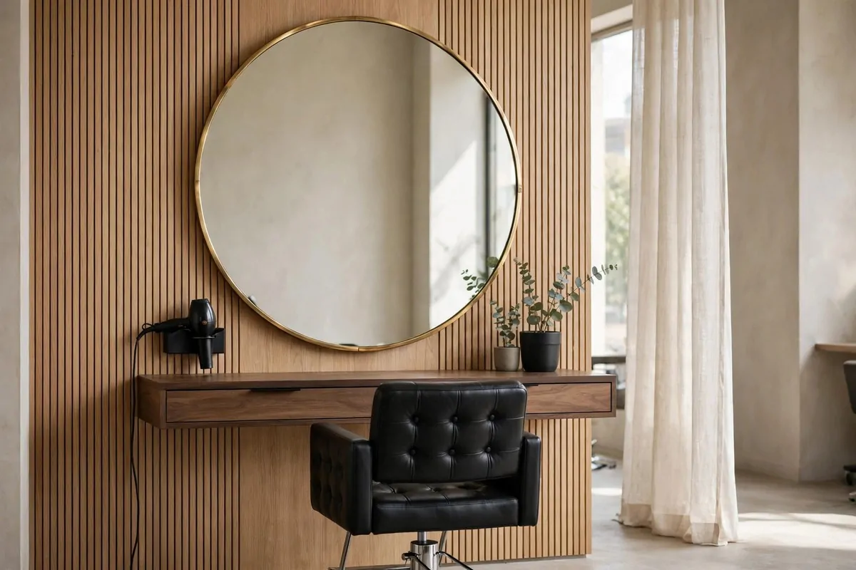 19 Hair Studio Ideas That Feel Chic and Welcoming 3 Oversized round mirror with thin brass frame at a hair styling station