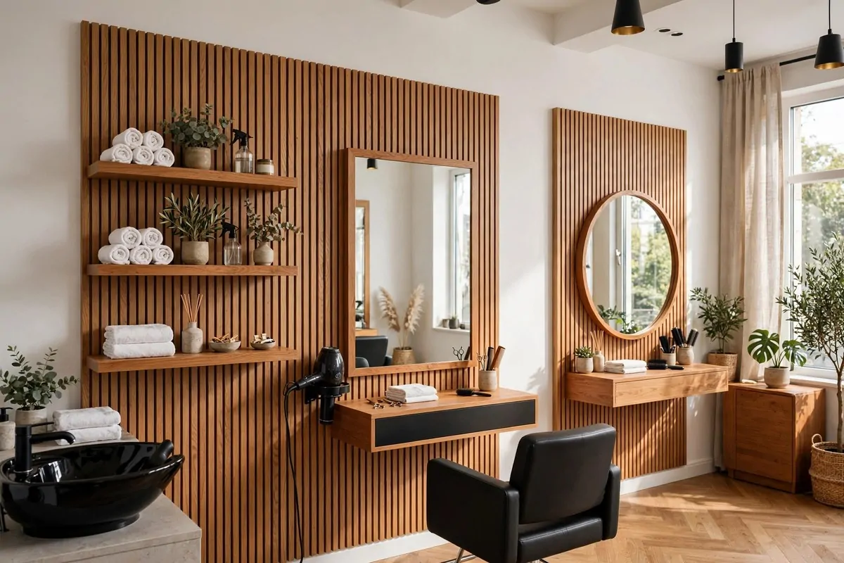 19 Hair Studio Ideas That Feel Chic and Welcoming 4 Hair studio with warm oak wood shelving and panels against white walls