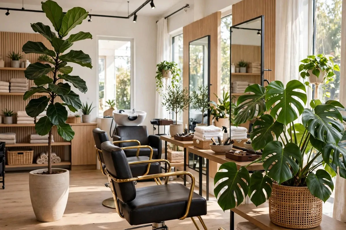 19 Hair Studio Ideas That Feel Chic and Welcoming 5 Tall fiddle leaf fig and monstera plants in stylish planters inside a bright hair studio