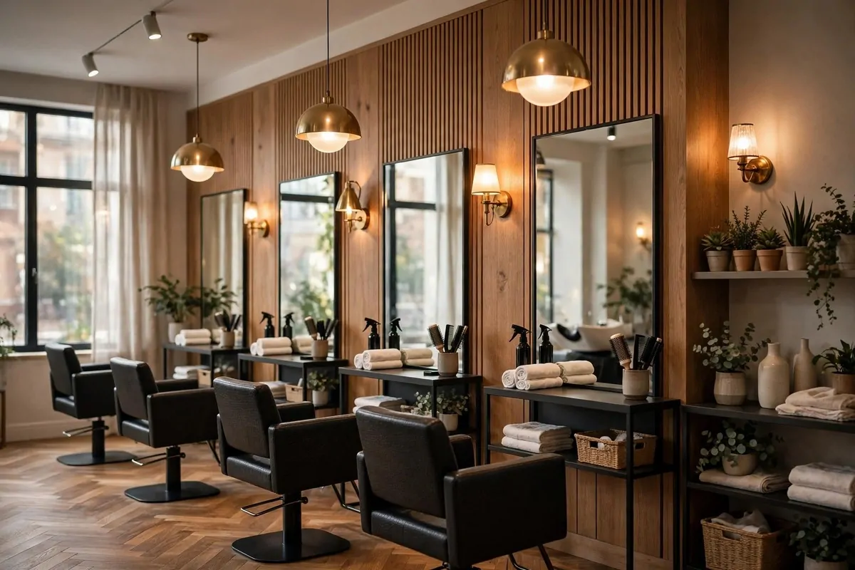 19 Hair Studio Ideas That Feel Chic and Welcoming 6 Hair studio with layered lighting, pendant lights over stations and wall sconces