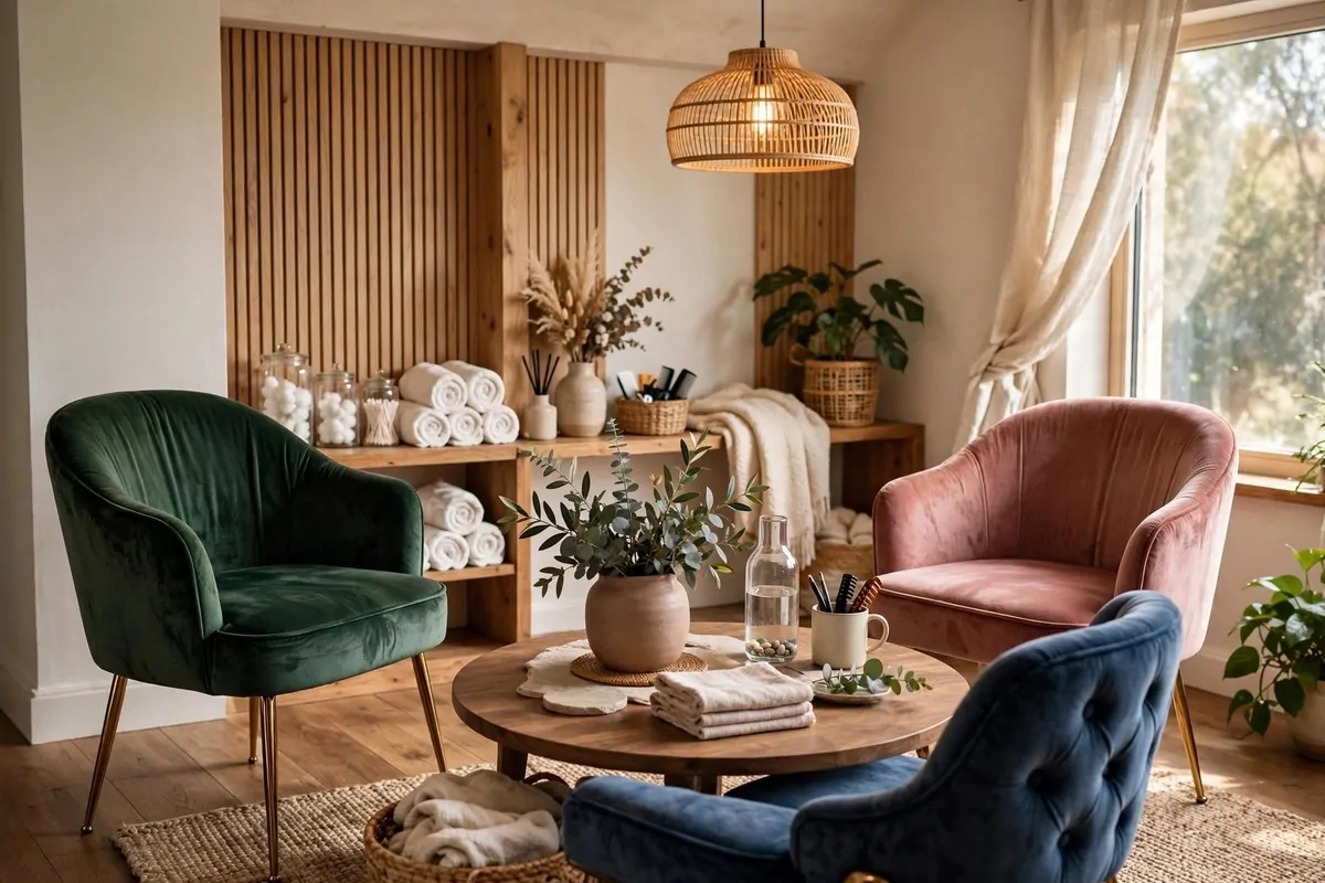 19 Hair Studio Ideas That Feel Chic and Welcoming 7 Cozy hair studio waiting area with velvet accent chairs and a round coffee table