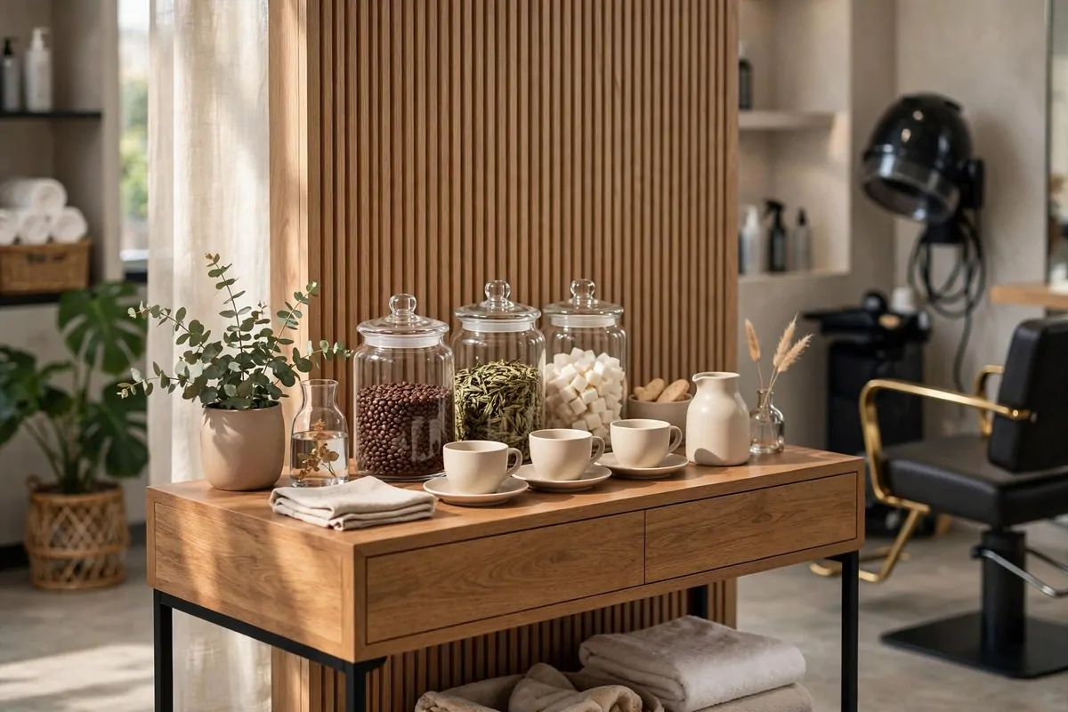 19 Hair Studio Ideas That Feel Chic and Welcoming 8 Elegant refreshment corner in a hair studio with coffee, tea jars and matching cups