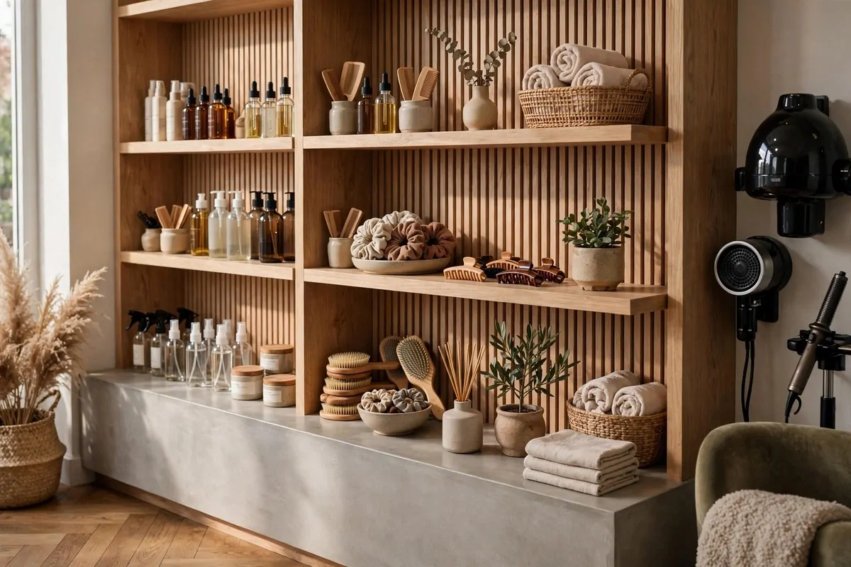 19 Hair Studio Ideas That Feel Chic and Welcoming 9 Curated retail product shelves in a hair studio styled like a boutique display