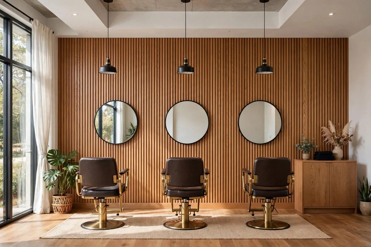 19 Hair Studio Ideas That Feel Chic and Welcoming 10 Hair studio feature wall with fluted wood panels in warm oak tone