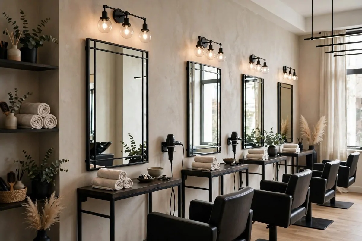 19 Hair Studio Ideas That Feel Chic and Welcoming 11 Hair studio interior with black metal mirror frames and light fixtures against neutral walls