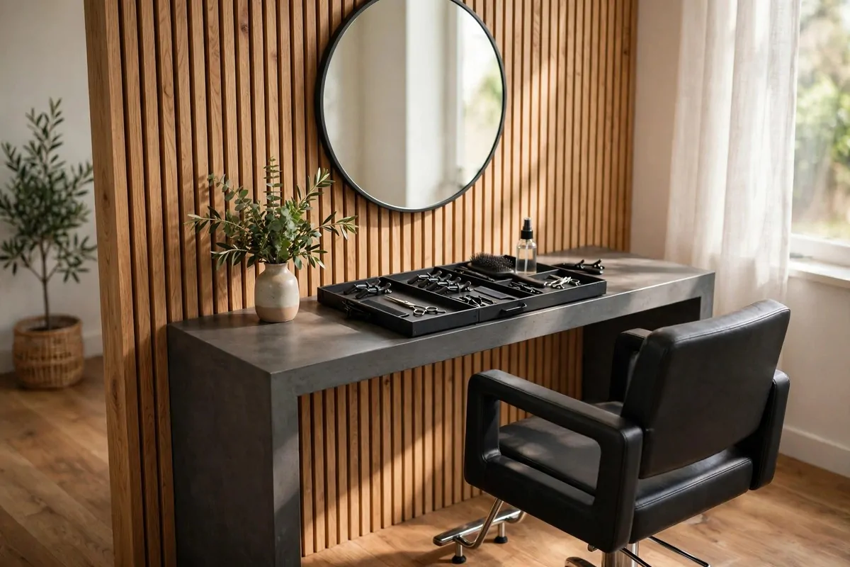 19 Hair Studio Ideas That Feel Chic and Welcoming 12 Hair styling station with round mirror, small vase of greenery and organized tool tray