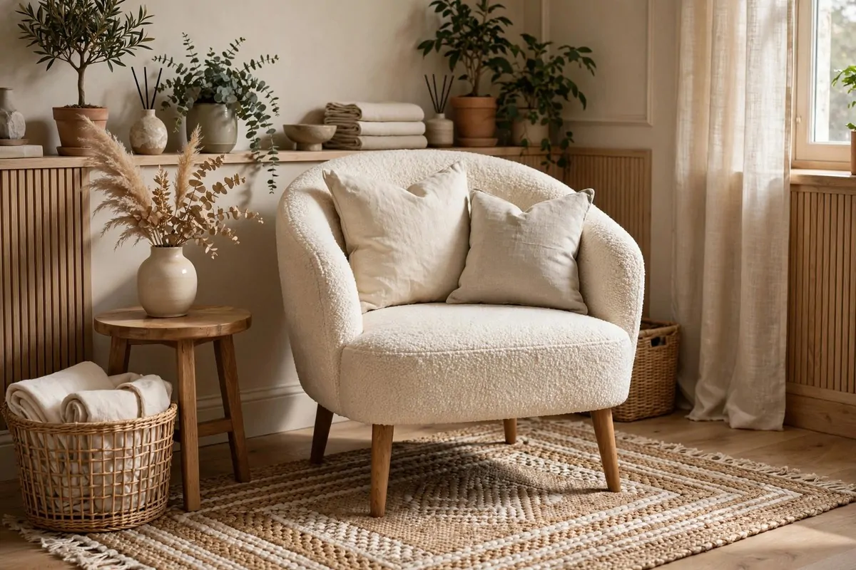 19 Hair Studio Ideas That Feel Chic and Welcoming 13 Hair studio waiting corner with boucle accent chair, linen cushions and woven rug