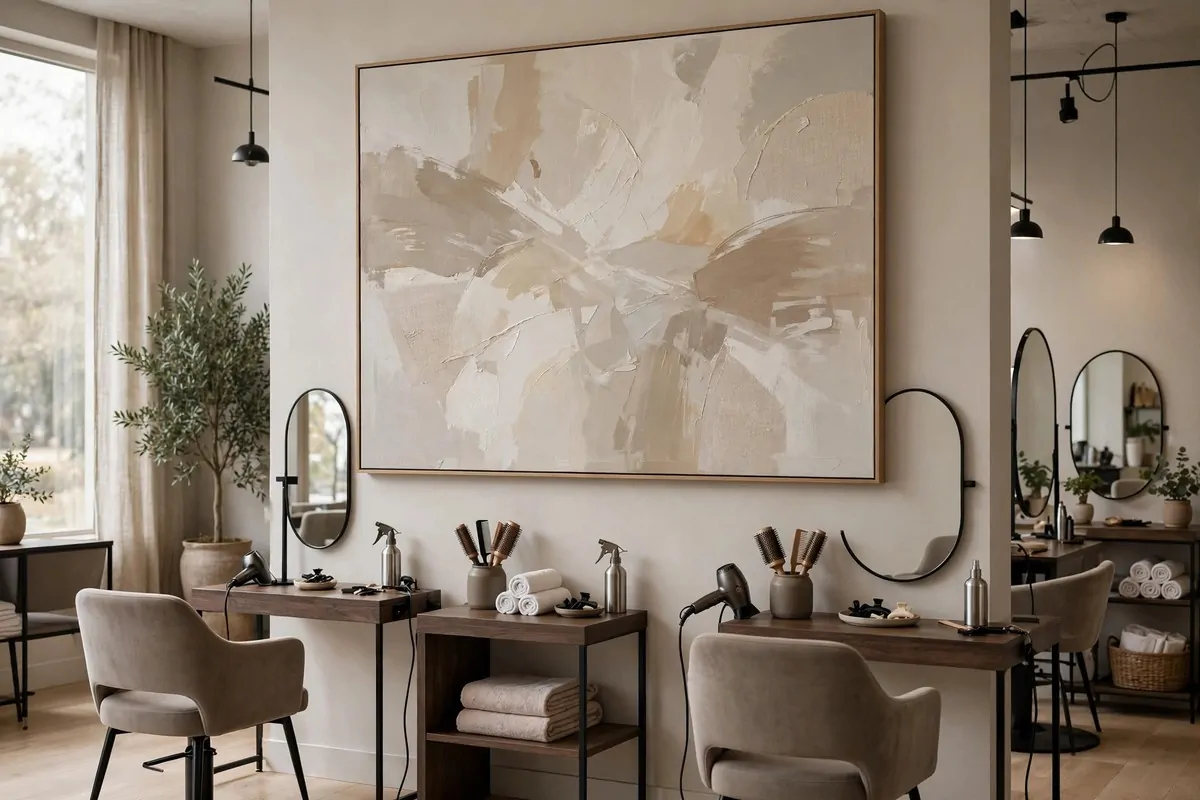 19 Hair Studio Ideas That Feel Chic and Welcoming 14 Large abstract painting in neutral tones hanging on a hair studio wall