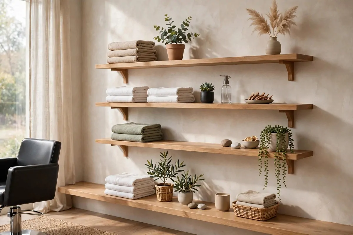 19 Hair Studio Ideas That Feel Chic and Welcoming 15 Floating wood shelves in a hair studio with folded towels, plants and spaced decor