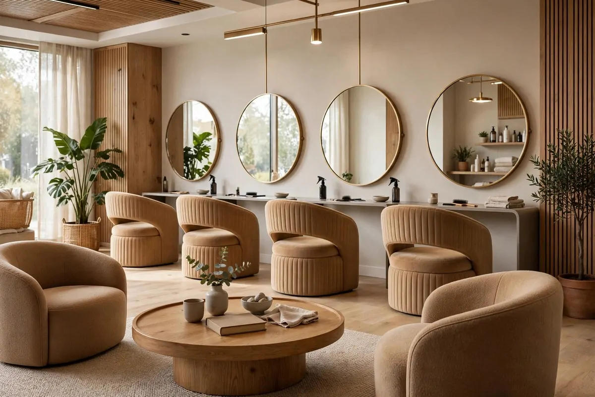 19 Hair Studio Ideas That Feel Chic and Welcoming 16 Hair studio with round mirrors, curved chairs and a circular coffee table