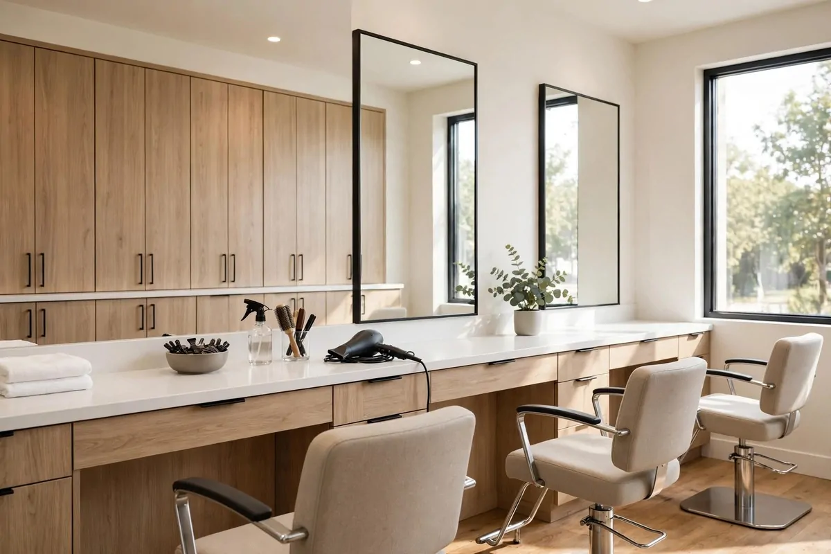 19 Hair Studio Ideas That Feel Chic and Welcoming 17 Tidy hair styling station with closed cabinets hiding tools and supplies