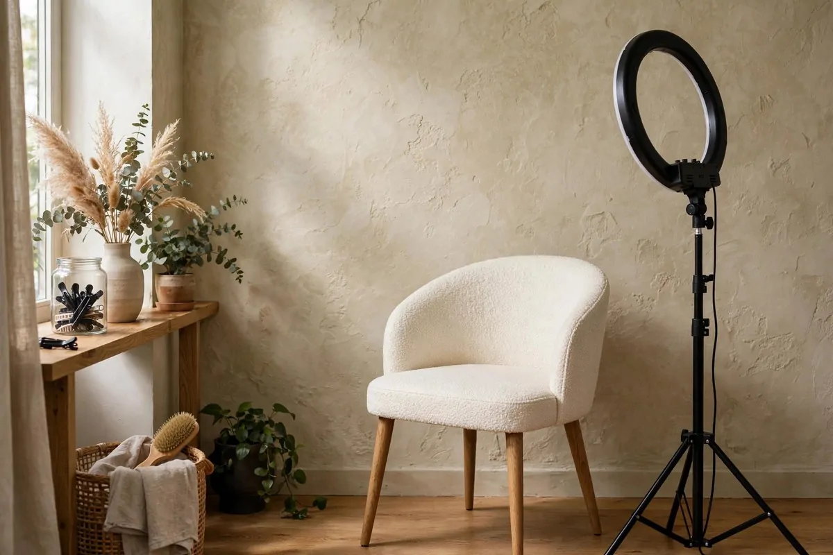 19 Hair Studio Ideas That Feel Chic and Welcoming 18 Chic selfie corner in a hair studio with textured wall, stylish chair and ring light
