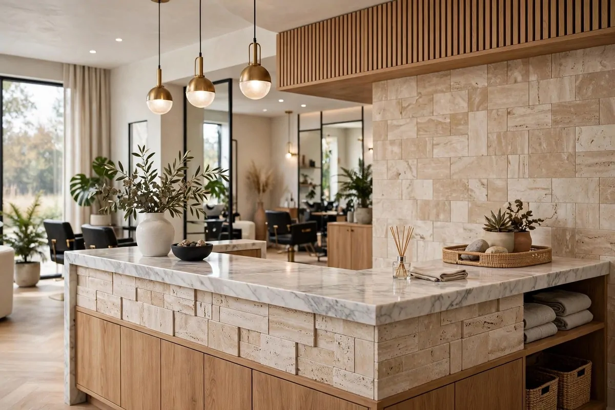 19 Hair Studio Ideas That Feel Chic and Welcoming 19 Hair studio reception with marble countertop and travertine tile accents
